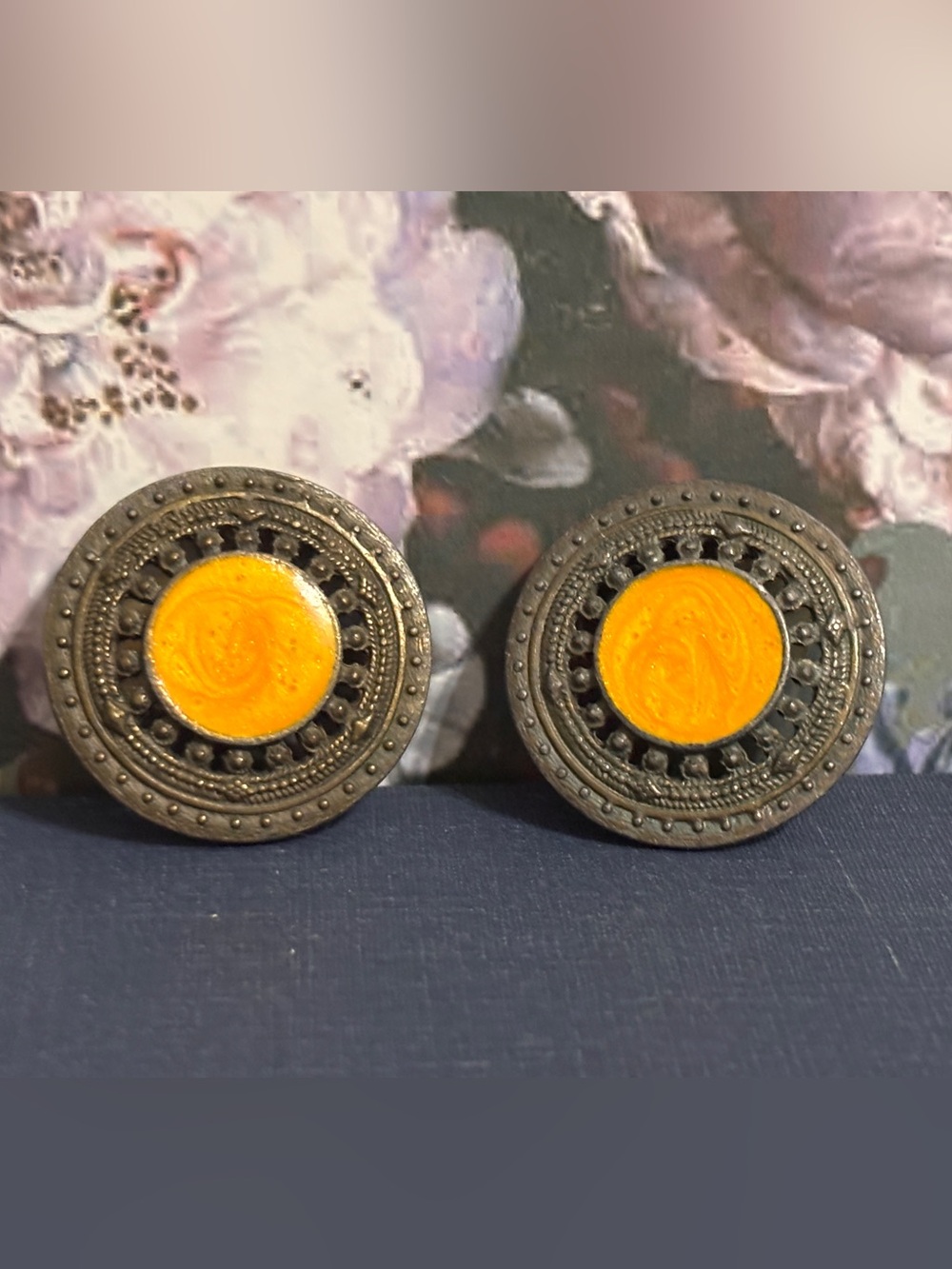 Statement Round Metal Earrings with Yellow/Orange Center
